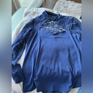 Express Blue lace cutout high neck long sleeve dressy shirt large